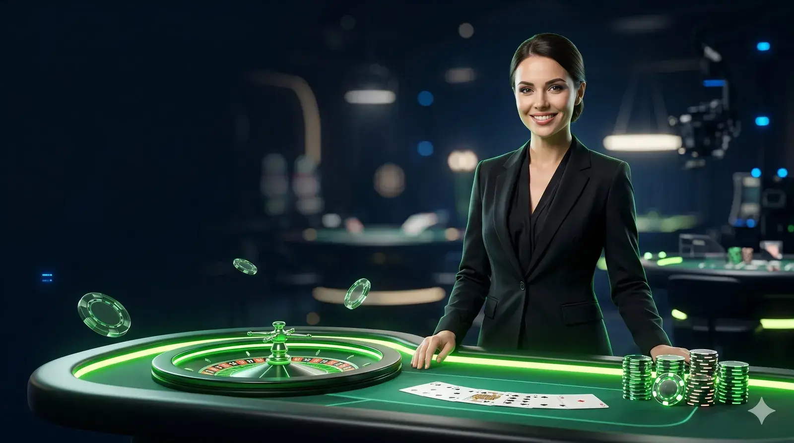 Canlı casino kapak görseli; krupiye, yeşil neon rulet masası ve cam jetonlar