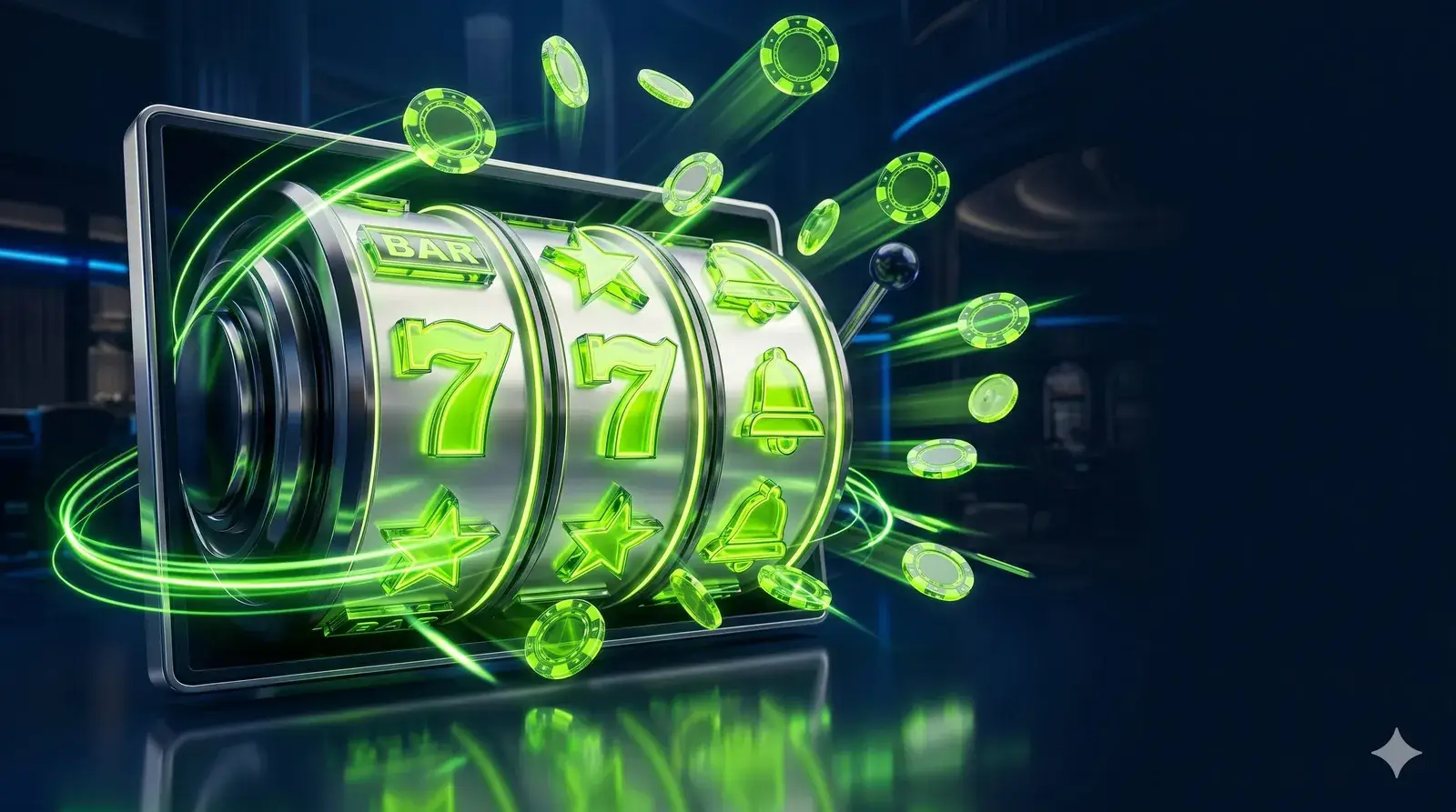 Slot oyunları kapak görseli; yeşil neon makaralar, 7 ve yıldız sembolleri, cam jetonlar