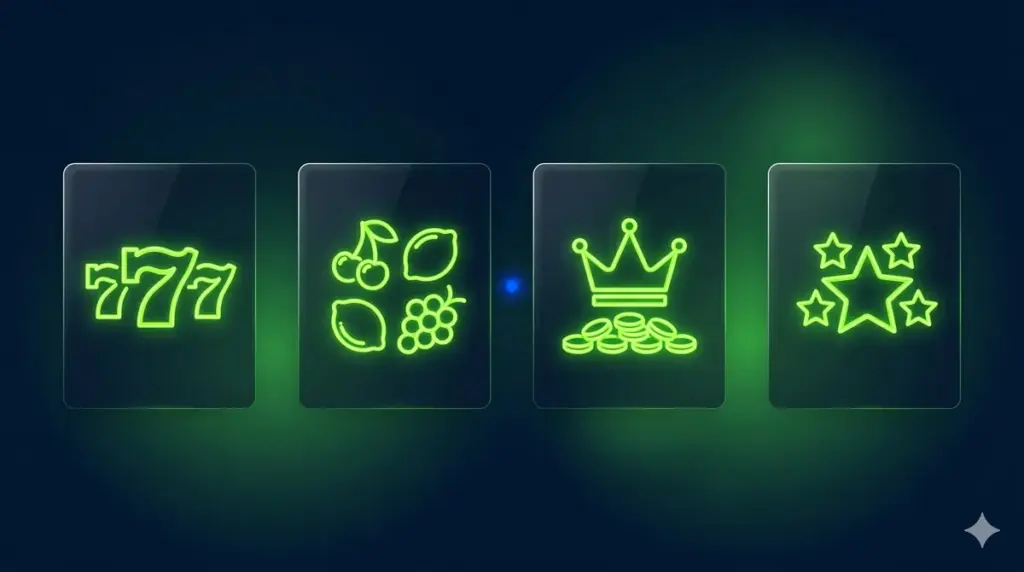Slot türleri; 7 sembolleri, meyveler, jackpot tacı ve yıldızlı yeşil neon ikonlar